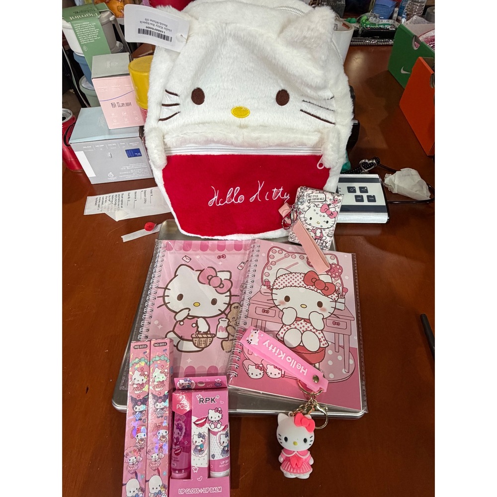 Hello Kitty Plush Backpack Bundle Notebook Keychain Lip Balm Mirror Gift Set